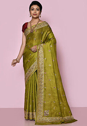 Pure Silk Embroidered Saree in Olive Green