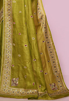 Pure Silk Embroidered Saree in Olive Green
