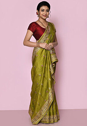 Pure Silk Embroidered Saree in Olive Green