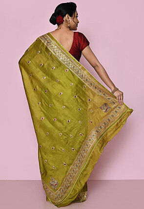 Pure Silk Embroidered Saree in Olive Green