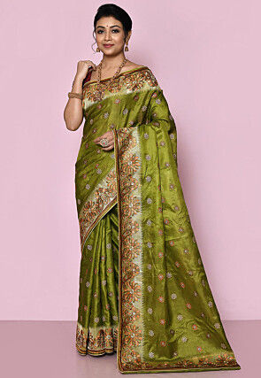 Pure Silk Embroidered Saree in Olive Green