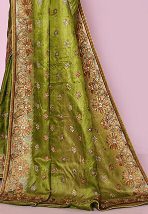 Pure Silk Embroidered Saree in Olive Green