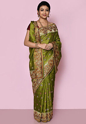 Pure Silk Embroidered Saree in Olive Green