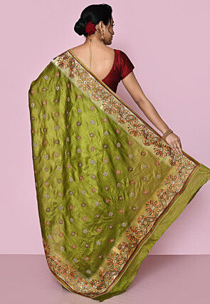 Pure Silk Embroidered Saree in Olive Green
