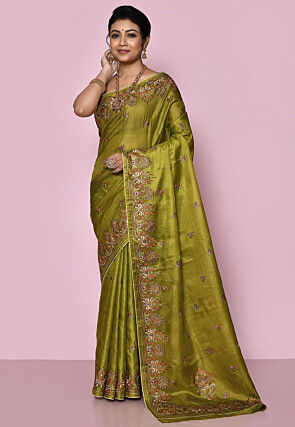 Pure Silk Embroidered Saree in Olive Green
