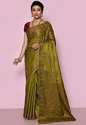 Pure Silk Embroidered Saree in Olive Green
