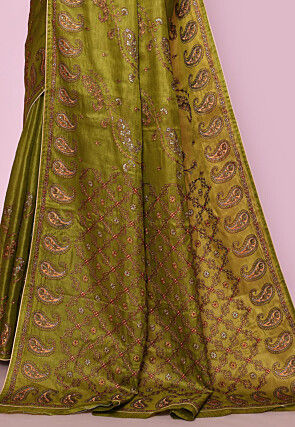 Pure Silk Embroidered Saree in Olive Green