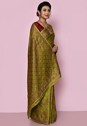 Pure Silk Embroidered Saree in Olive Green