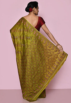 Pure Silk Embroidered Saree in Olive Green