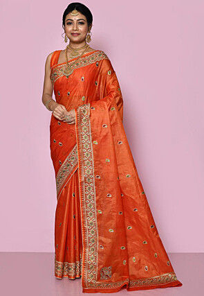 Pure Silk Embroidered Saree in Orange