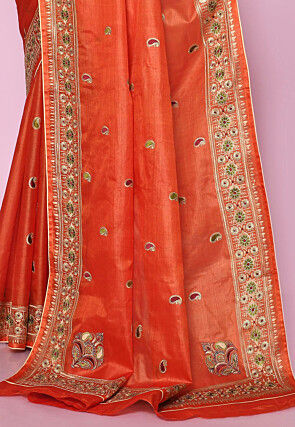 Pure Silk Embroidered Saree in Orange