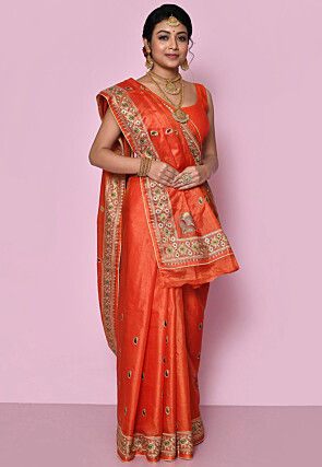 Pure Silk Embroidered Saree in Orange