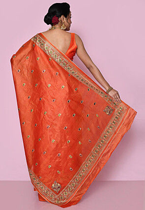 Pure Silk Embroidered Saree in Orange
