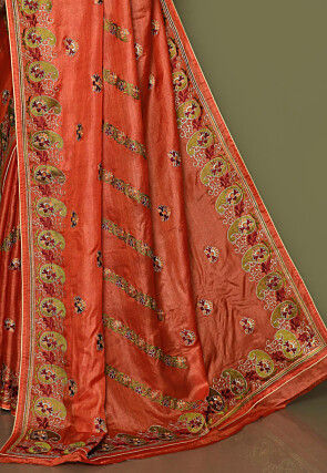 Pure Silk Embroidered Saree in Orange