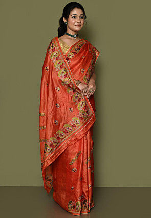 Pure Silk Embroidered Saree in Orange