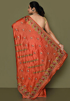 Pure Silk Embroidered Saree in Orange