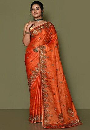Pure Silk Embroidered Saree in Orange