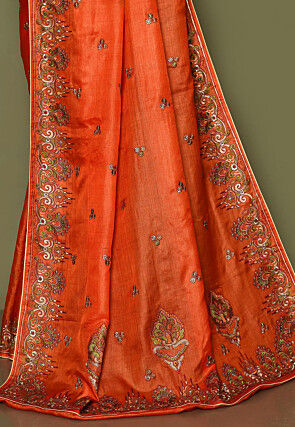 Pure Silk Embroidered Saree in Orange