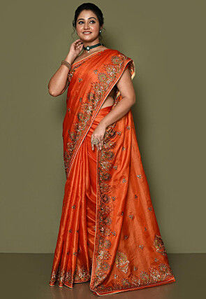 Pure Silk Embroidered Saree in Orange