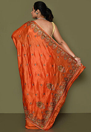Pure Silk Embroidered Saree in Orange