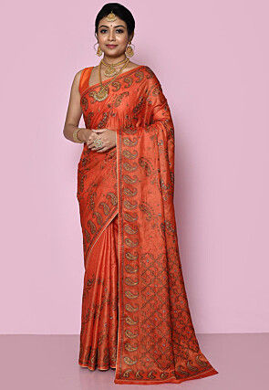 Pure Silk Embroidered Saree in Orange