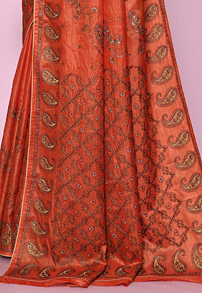 Pure Silk Embroidered Saree in Orange