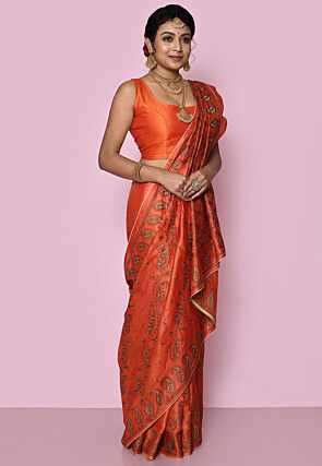 Pure Silk Embroidered Saree in Orange