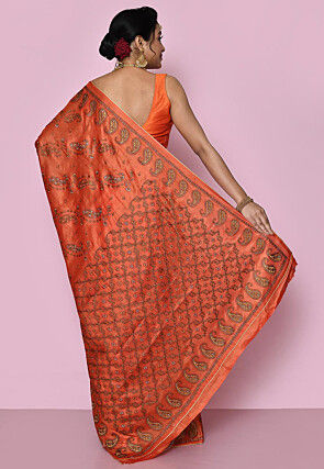 Pure Silk Embroidered Saree in Orange