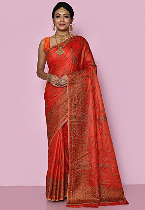 Pure Silk Embroidered Saree in Orange