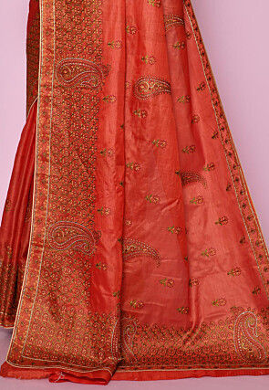 Pure Silk Embroidered Saree in Orange