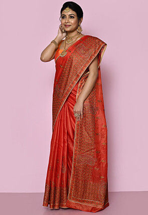 Pure Silk Embroidered Saree in Orange