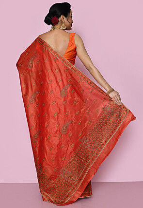 Pure Silk Embroidered Saree in Orange