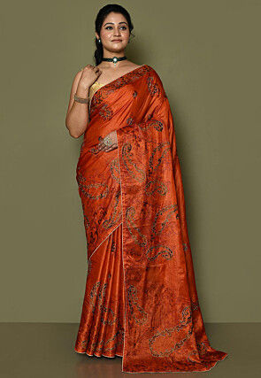 Pure Silk Embroidered Saree in Orange