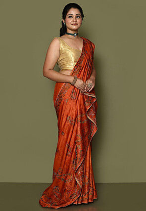 Pure Silk Embroidered Saree in Orange