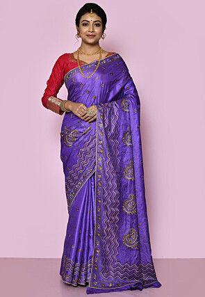 Pure Silk Embroidered Saree in Purple