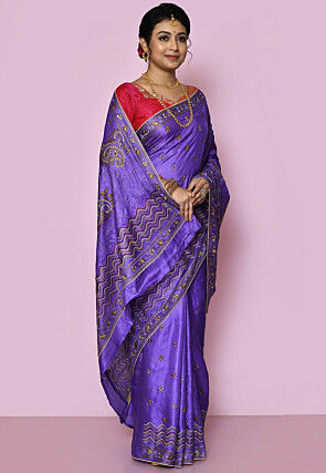 Pure Silk Embroidered Saree in Purple
