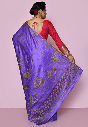 Pure Silk Embroidered Saree in Purple