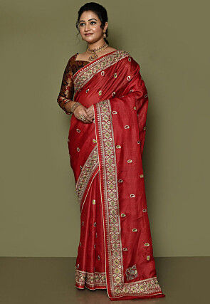 Pure Silk Embroidered Saree in Red