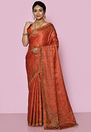 Pure Silk Embroidered Saree in Rust