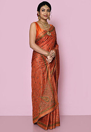 Pure Silk Embroidered Saree in Rust