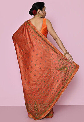 Pure Silk Embroidered Saree in Rust