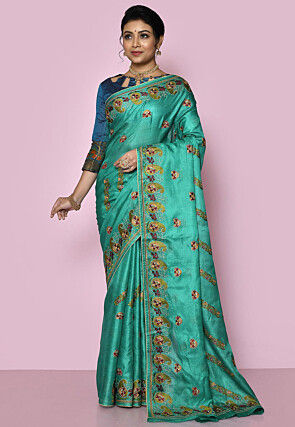 Pure Silk Embroidered Saree in Turquoise