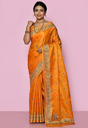 Pure Silk Embroidered Saree in Yellow