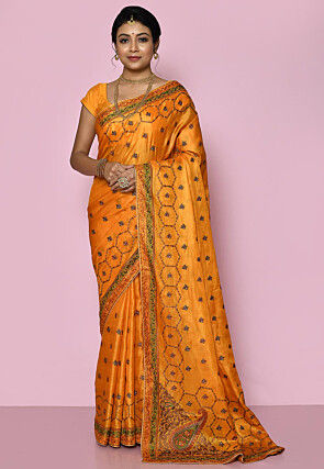 Pure Silk Embroidered Saree in Yellow