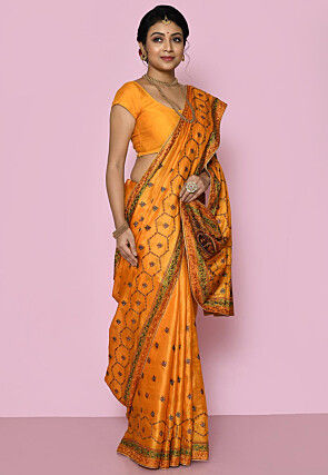 Pure Silk Embroidered Saree in Yellow