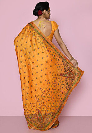 Pure Silk Embroidered Saree in Yellow