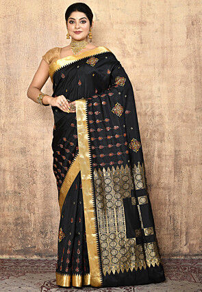 Buy SHREYA FASHIONS Printed Kanjivaram Pure Silk Black Sarees Online @ Best  Price In India | Flipkart.com