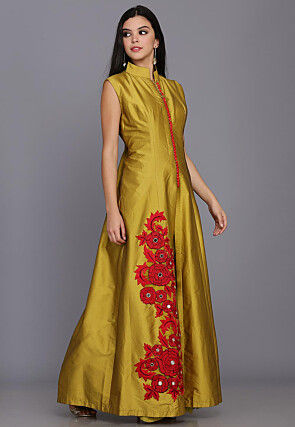 Pure Taffeta Silk Anarkali Kurta Set in Olive Green