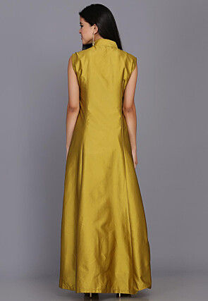 Pure Taffeta Silk Anarkali Kurta Set in Olive Green