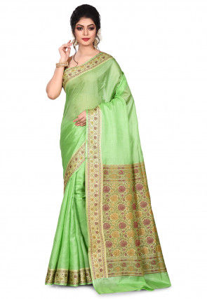 Pure Tussar Silk Banarasi Saree in Light Green